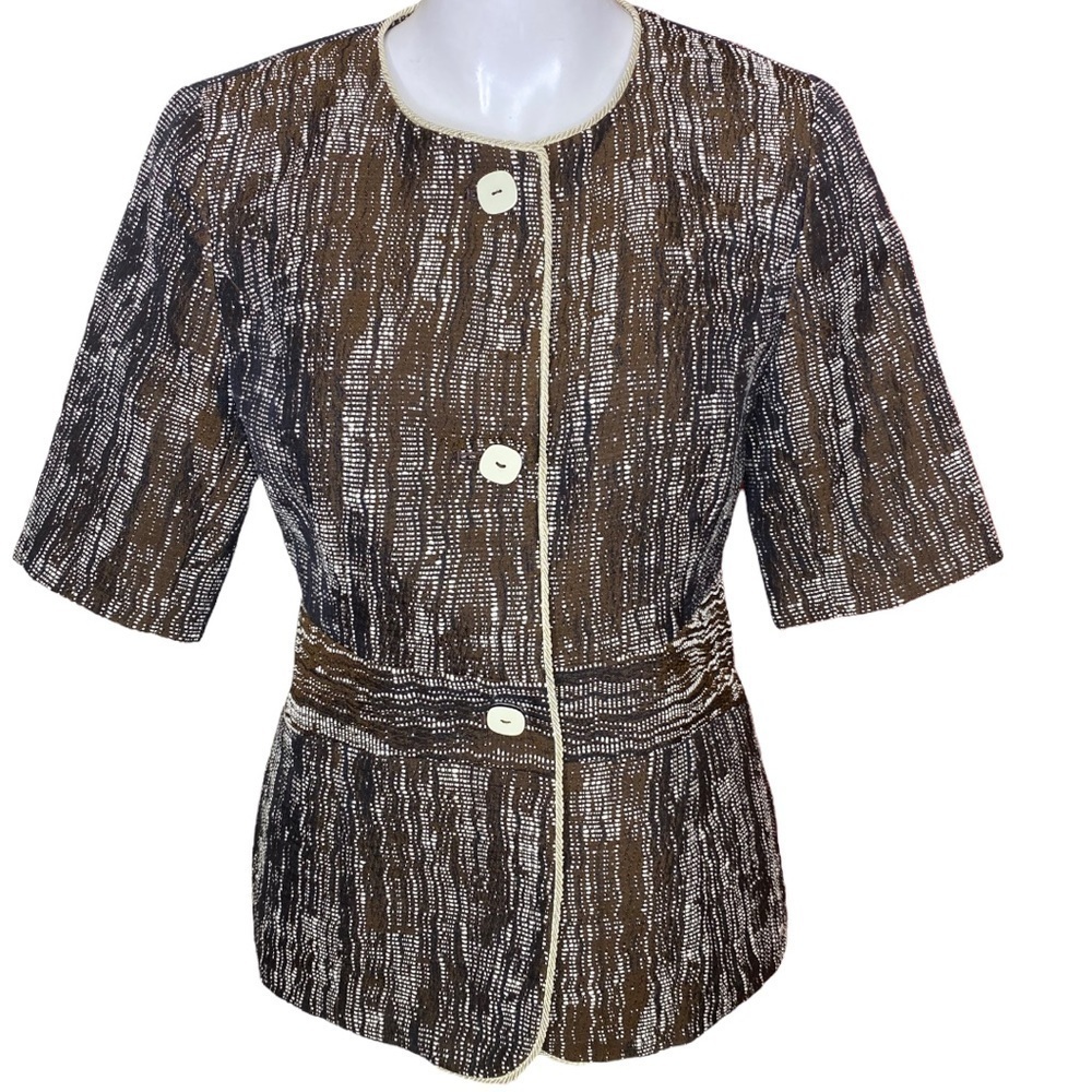 Yansi Fugel Jacket Kava Multi Brown Raffia Jacquard Inset Waist Short Sleeve 4